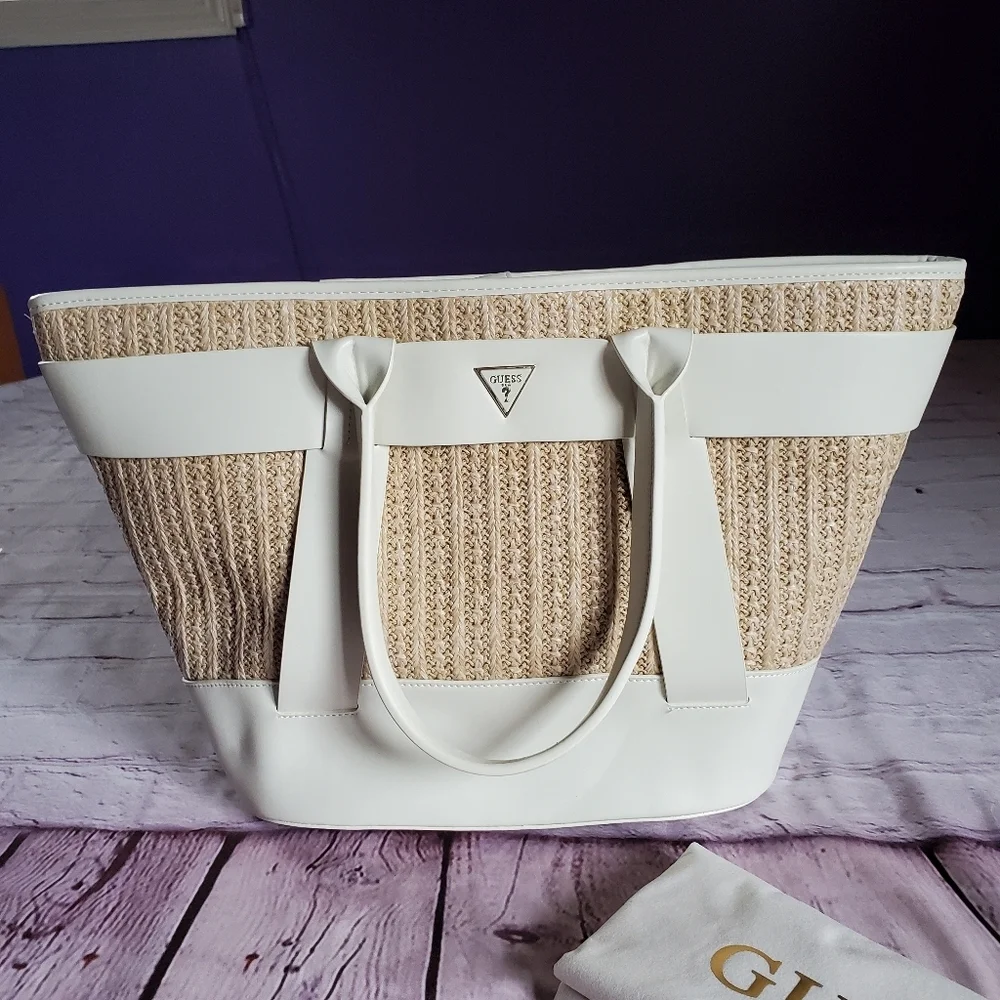 Guess Tuane Tote Bag Beachy Casual Summer Tan White